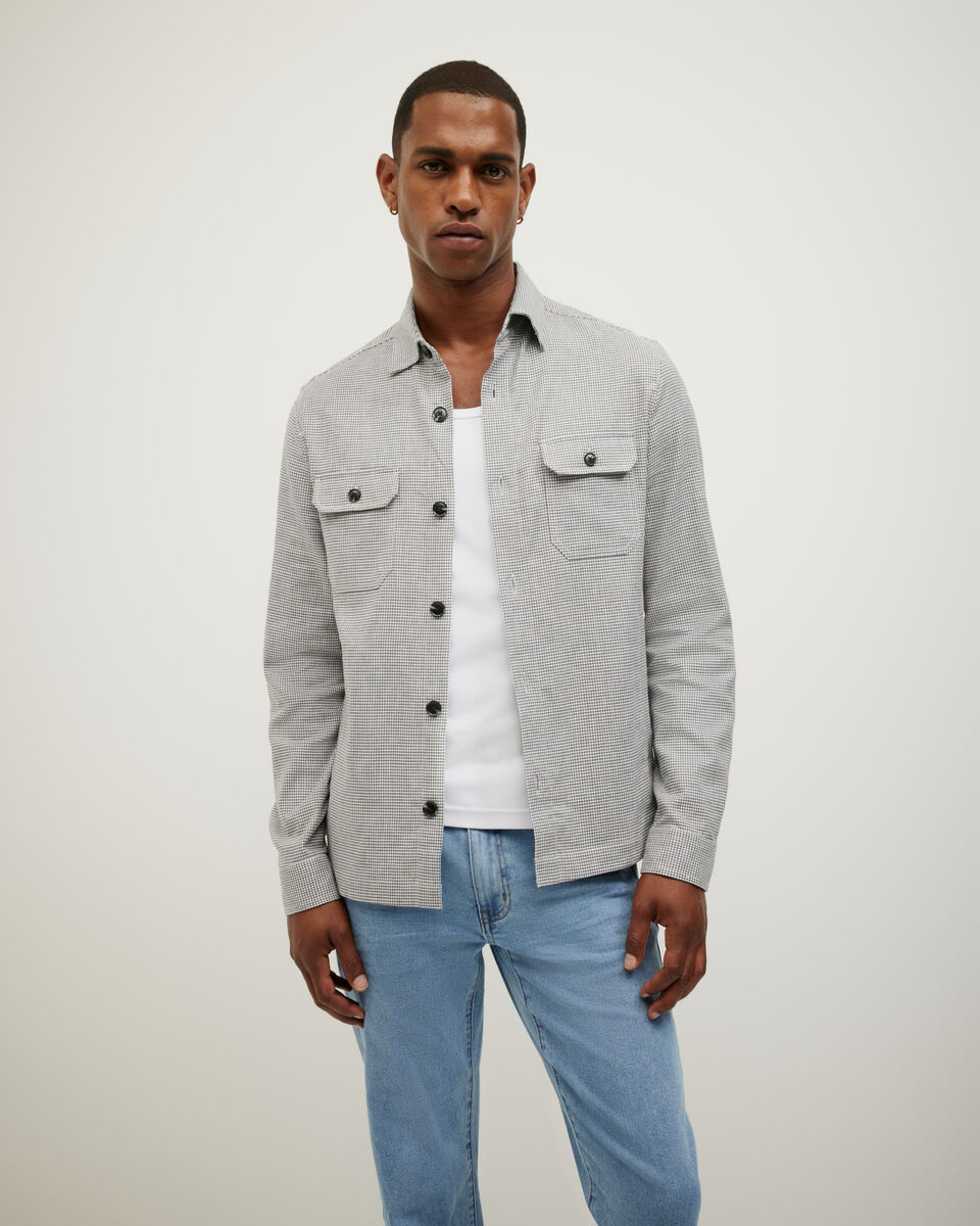 4-pocket Long Sleeve Houndstooth Overshirt, Grey Marle, hi-res